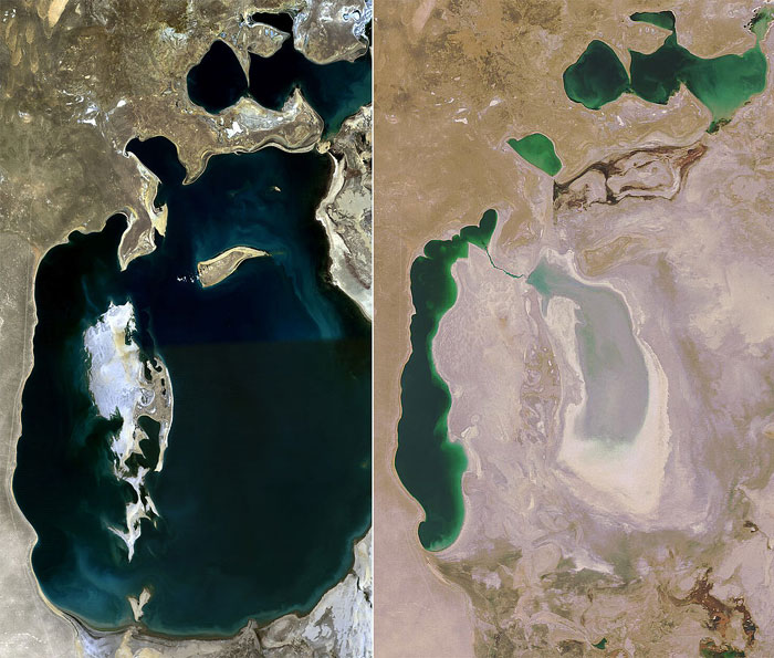 The left photo shows the Aral Sea in 1989. The right photo is the Aral Sea in 2008. Due to desertification, Uzbekistan has been pushing to establish a 'smart water management system' with Korea.
