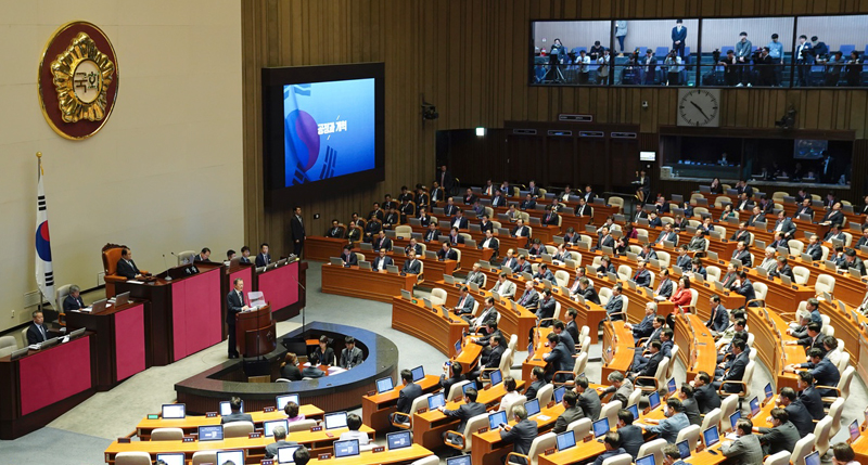 Le président Moon Jae-in prononce un discours le 22 octobre lors d'une réunion parlementaire sur le budget 2020 à l'Assemblée nationale à Séoul. ⓒ Cheong Wa Dae 