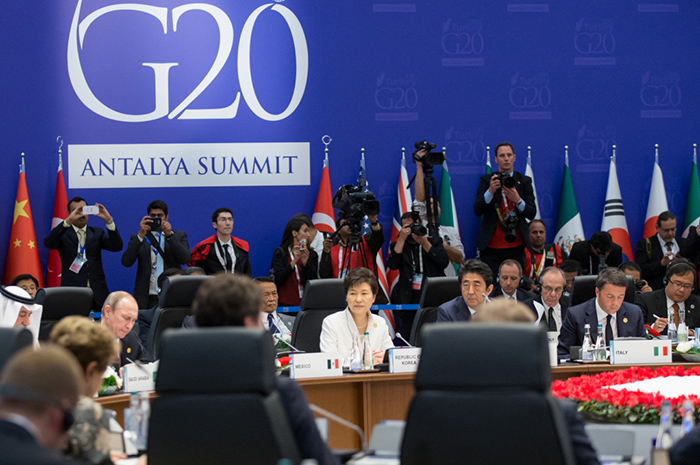 President Park attends the G20 summit in Antalya, Turkey, on Nov. 15, 2015. She is scheduled to participate in the upcoming G20 summit in Hangzhou, Zhejiang Province, on Sept. 4 and 5.