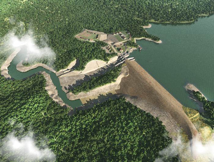 A bird's-eye view shows us the multi-purpose Karian Dam in Banten, Indonesia.