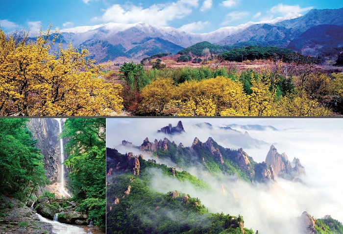 A spring view of Jirisan Mountain (top), Waterfall at Seoraksan Mountain (Sokcho, Gangwon-do) (left bottom), Landscape of Seoraksan Mountain (Sokcho, Gangwon-do)