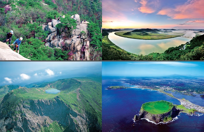 (Clockwise from left top) Rock climbing at Bukhansan Mountain, A view of the setting sun over Yeongsangang River, the main source of water for the southwest of Korea, Seongsan Ilchulbong Tuff Cone on Jejudo Island; One of many parasitic cones scattered around Jeju, Baengnokdam Crater Lake of Hallasan Mountain; A cauldron-shaped volcanic crater (108m in depth and 1,720m in circumference) atop Hallasan Mountain