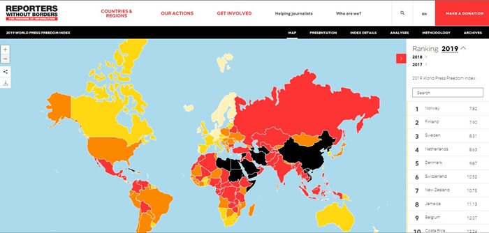 Le classement mondial de la liberté de la presse 2019. (photo Capture d’écran du site Web Reporters sans frontières)