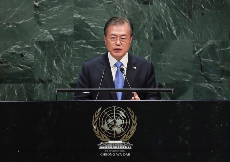 Le président Moon Jae-in donne un discours liminaire à l'Assemblée générale des Nations unies, le mardi 24 septembre 2019 (heure américaine) au siège de l'ONU à New York, aux Etats-Unis. ⓒ Compte Facebook de Cheong Wa Dae