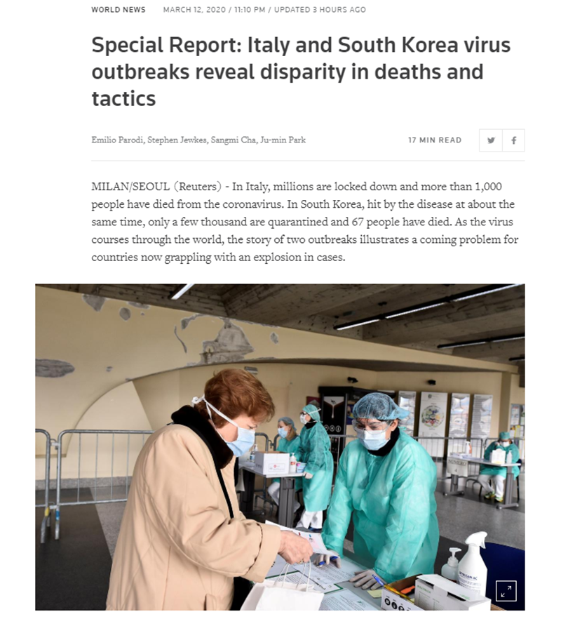 Le 12 mars, Reuters a comparé les réactions au Covid-19 en Italie et en Corée dans son rapport spécial « Les épidémies de virus en Italie et en Corée du Sud révèlent une disparité dans les décès et les tactiques ». (photo Capture d'écran du site Reuters)