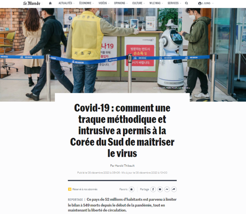 Le 8 décembre, le journal Le Monde a publié un article « Covid-19 : comment une traque méthodique et intrusive a permis à la Corée du Sud de maîtriser le virus ». (photo Capture d’écran du site Web Le Monde) 