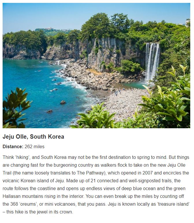 La piste Jeju Olle est la seule entrée en Asie sur la liste des 10 meilleures randonnées côtières du monde établie par le magazine britannique Active Traveller. (photo Capture d'écran du site Web du magazine)