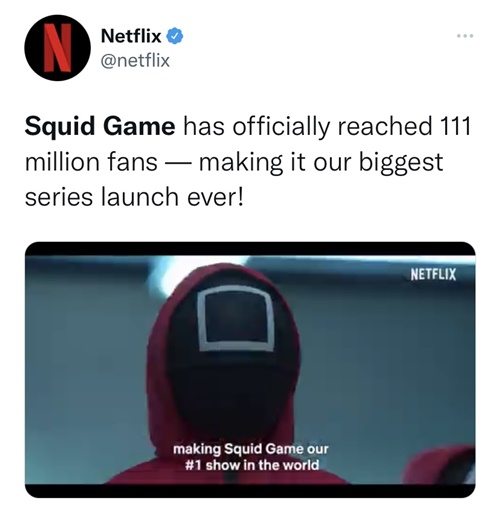 Le 12 octobre, Netflix a déclaré sur son compte Twitter que « Squid Game » a été vu par 111 millions de foyers abonnés. (photo Capture d’écran du compte Twitter de Netflix) 
