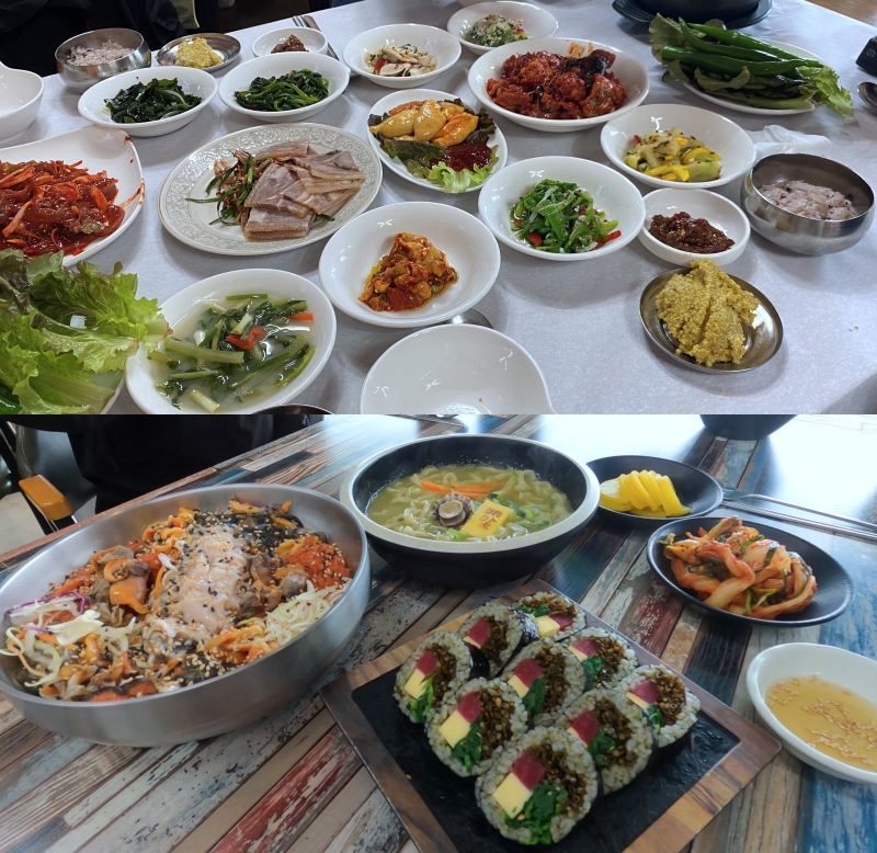 Ce service de table comprend des anchois crus (en haut) et du gimbap (rouleaux de riz aux algues) avec des bernaches (ttagaebi). ⓒ Yoon Hee Young / Korea.net