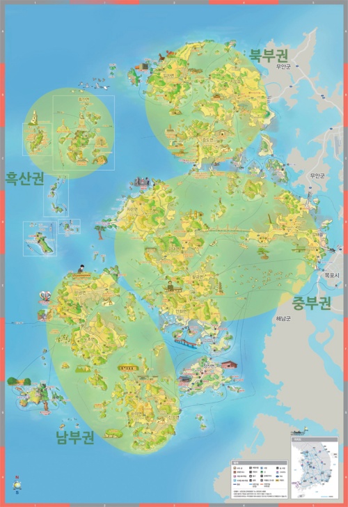 Shinan est composé en grande partie de la région de Heuksan comprenant les îles de Hong-do et Heuksan au centre, la région nord de Imja, Ji-do et Jeung-do, la région centrale de Jaeun et Anjwa, et la région sud de Bigeum et Docho. Il faut pas mal de temps pour se déplacer d'une île à l'autre, il est donc recommandé de choisir une région et de la visiter tranquillement sans se presser. ⓒ Bureau du comté de Sinan