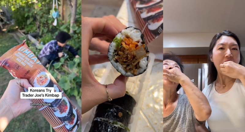 Extrait de la vidéo de Sarah Ahn en train de déguster un kimbap surgelé. © Compte Tiktok de Sarah Ahn