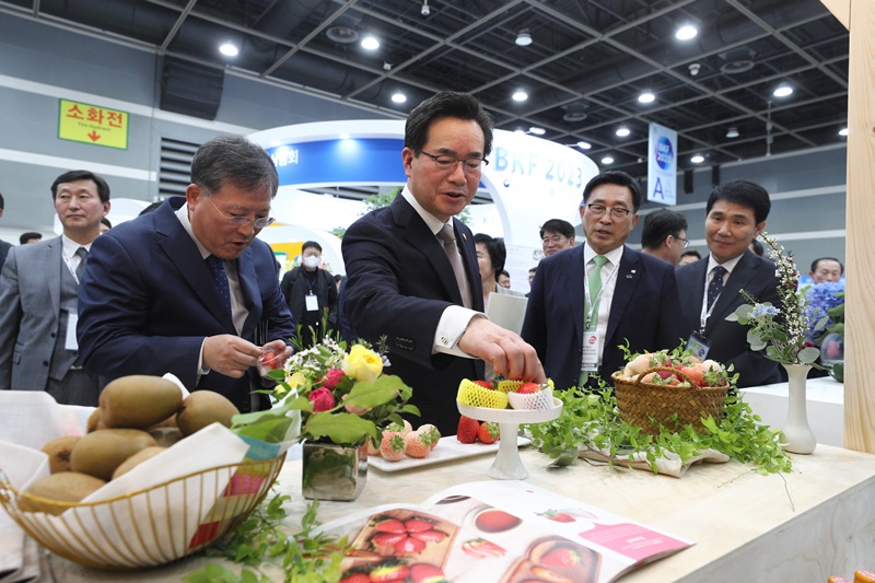 Le ministre de l’Agriculture, de l’Alimentation et des Affaires rurales Chung Hwang-keun (deuxième à gauche) regarde les produits agricoles frais exposés lors d'une réunion de consultation sur l'exportation pour les acheteurs étrangers de K-Food Plus à l'aT Center dans le district de Seocho à Séoul, le 19 avril 2023. © Ministère de l’Agriculture, de l’Alimentation et des Affaires rurales 