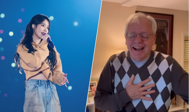 À gauche, le message d’invitation posté par la chanteuse IU sur sa story Instagram. À droite, la réaction de Zev Rattet. © Captures d’écran du compte Instagram d’IU et de la chaîne YouTube Zev Does KDrama 
