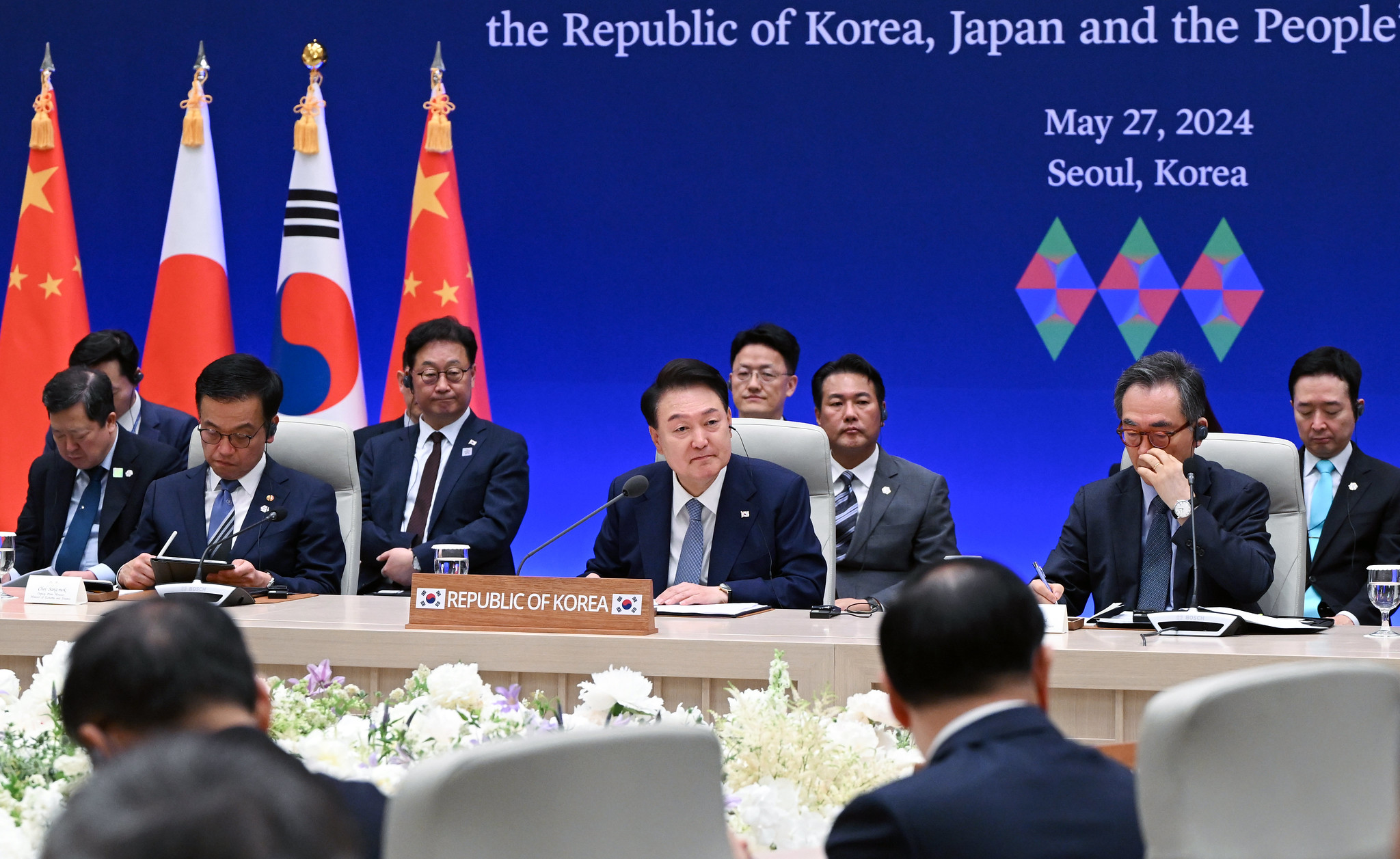 Le président Yoon Suk Yeol lors du 9e sommet tripartite entre la Corée, la Chine et le Japon, au Yeongbingwan de Cheong Wa Dae, à Séoul, le 27 mai 2024.© Kang Min-seok / Bureau présidentiel