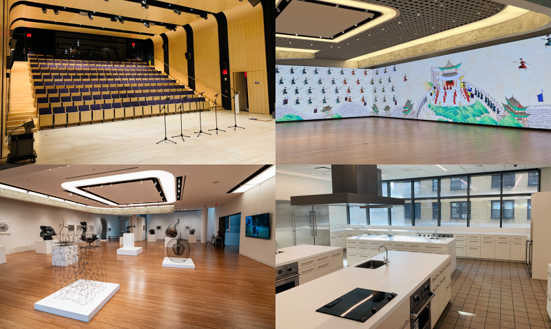 Salle de spectacle, mur numérique, atelier de cuisine et salle d’exposition dans le sens des aiguilles d’une montre.