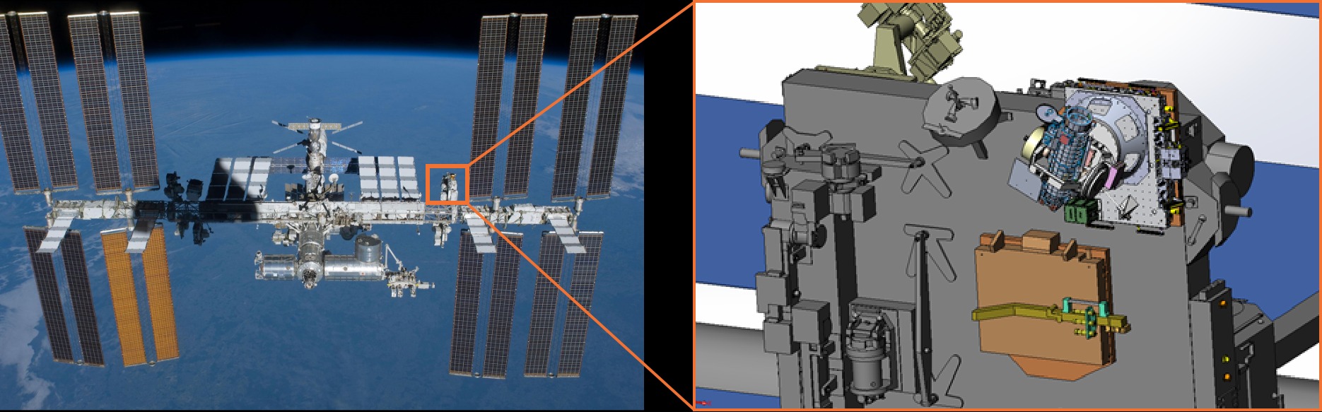 Le coronographe solaire Codex (à droite) installé sur la station spatiale internationale (à gauche). © Institut coréen d'astronomie et de science spatiale