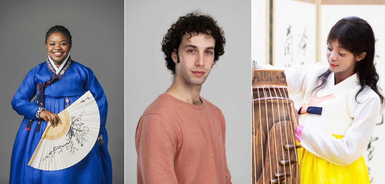 De gauche à droite : la chanteuse de pansori Laure Mafo, le danseur Alessandro Navarro Barbeito et la joueuse de ajaeng Choi Eunji. © Service du patrimoine coréen
