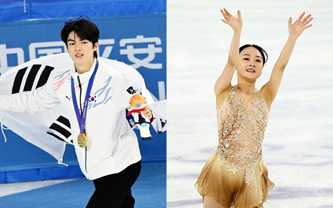 Cha Junhwan (à gauche) et Kim Chaeyeon (à droite) sur la glace du HIC Multifunctional Hall après leur victoire aux épreuves de patinage artistique des Jeux asiatiques de Harbin, en Chine, le 13 février 2025. © Comité olympique coréen 