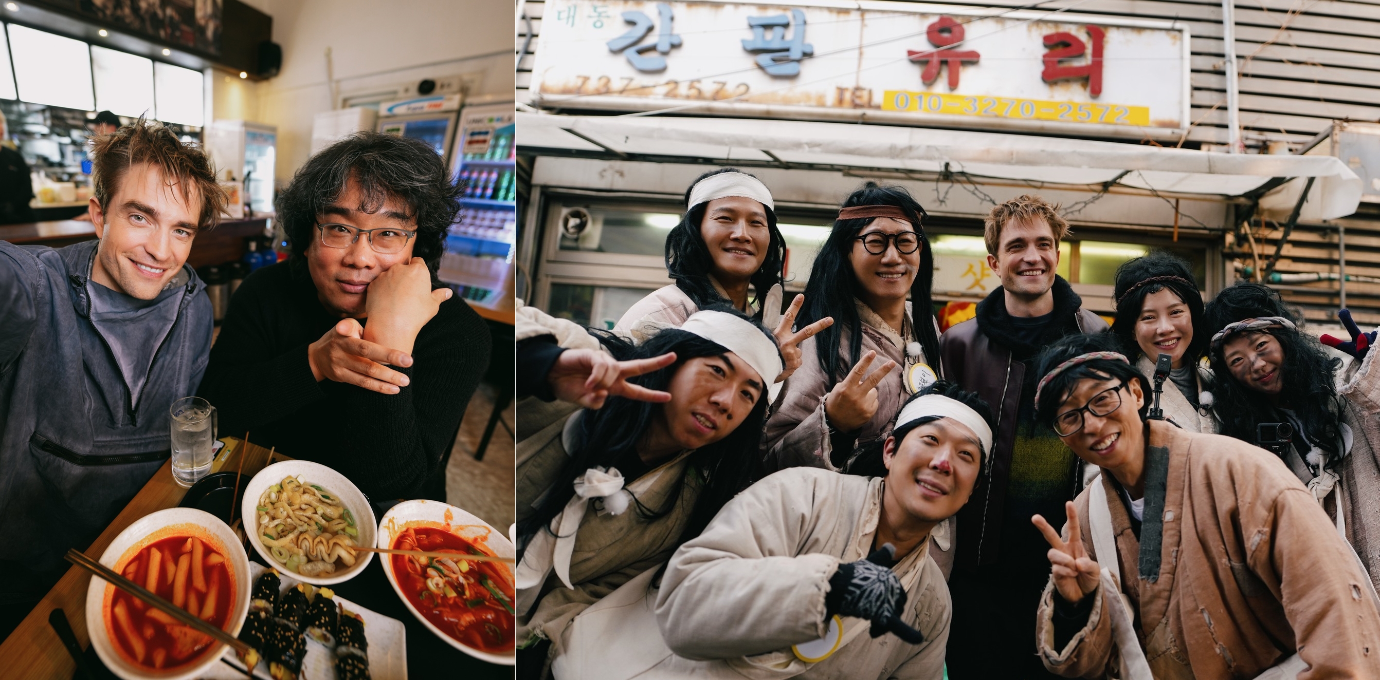 L’acteur Robert Pattinson pose avec le réalisateur Bong Joon Ho dans un snack bar (à gauche) et avec les membres de l’émission de télé Running Man, au marché de Tongin, lors de sa tournée promotionnelle de Mickey 17 à Séoul, le 20 janvier 2025. © Warner Bros. Korea