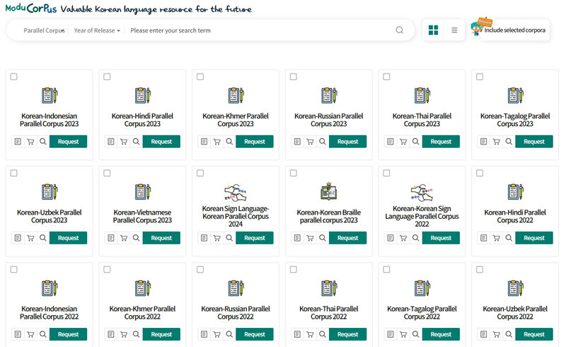 Les corpus bilingues disponibles depuis 2021 sur le site Modu Corpus. © Institut national de la langue coréenne