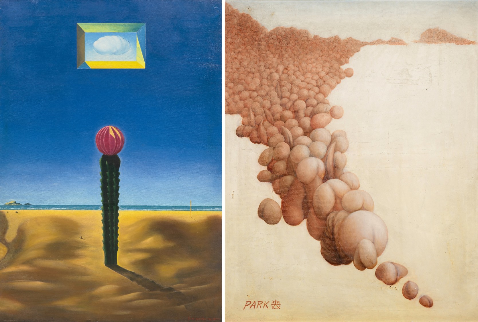 À gauche : Kim Jongha, Cactus (Life), 1977. À droite : Park Gwangho, Fantasy of Peninsular, années 1970. © Musée national d’art moderne et contemporain