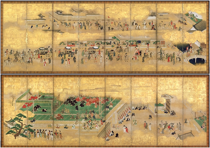 Deux fresques réalisées par le peintre japonais Kano Masunobu en 1655. En haut, la mission Tongsinsa marche en arrivant au château d'Edo (Tokyo). En bas, elle remet la lettre officielle du roi de Joseon, Hyojong. Ces deux peintures sont inscrites au patrimoine mondial de l’Unesco et sont exposées au musée d’histoire de Séoul jusqu’au 25 mai. © Musée d’histoire de Séoul