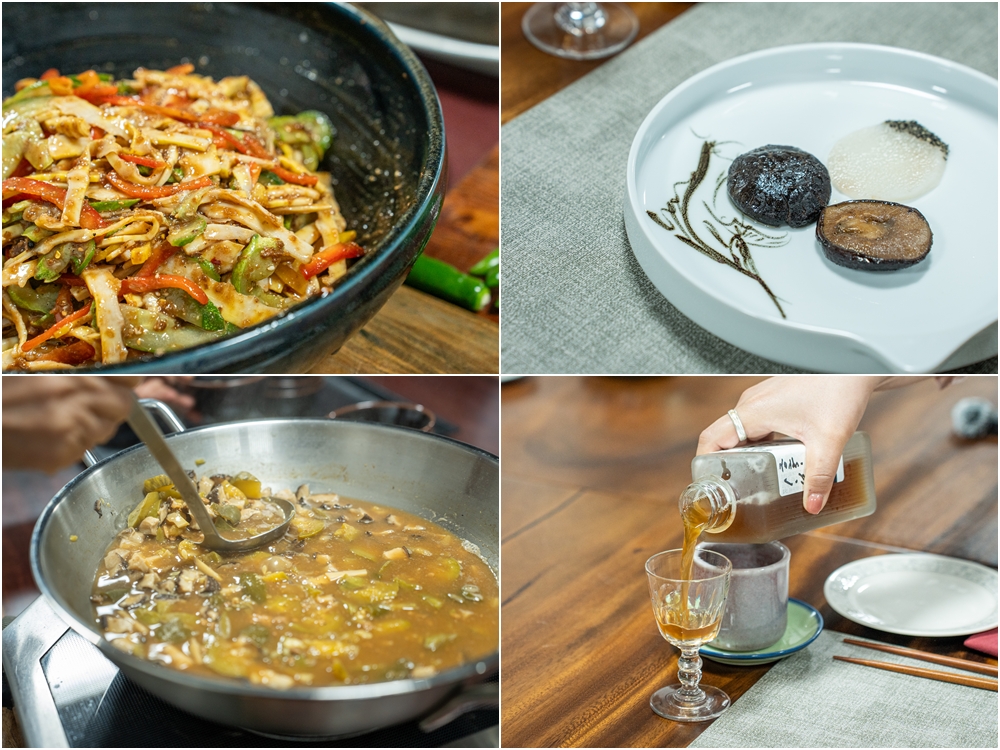 Dans le sens des aiguilles du montre : la salade de pousses de bambou, courgettes et poivrons, une assiette de champignons shiitake accompagnés d’une tranche d’igname de Corée, un verre de kombucha et le ragoût de doenjang. © Ministère de la Culture, des Sports et du Tourisme