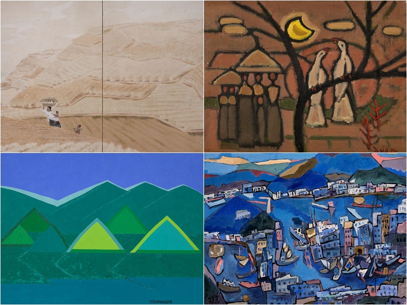 Quelques peintures exposées à l’occasion de « Landscapes of Homeland and Longing », à la branche de Deoksugung du musée national d’art moderne et contemporain jusqu’au 9 novembre. © Musée national d’art moderne et contemporain