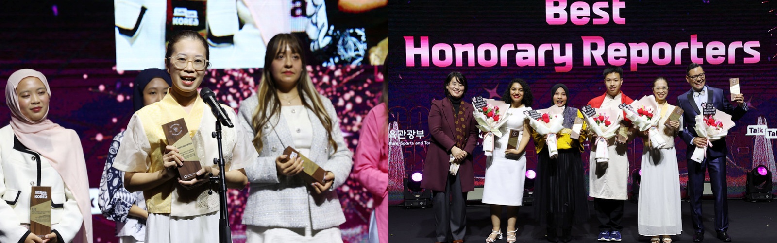 Myrtle s&rsquo;exprime lors du K-Wave Festival 2025 aux c&ocirc;t&eacute;s d&rsquo;autres journalistes honoraires de Korea.net, &agrave; S&eacute;oul, le 8 novembre 2025. &copy; Lee Jeong Woo / Korea.net