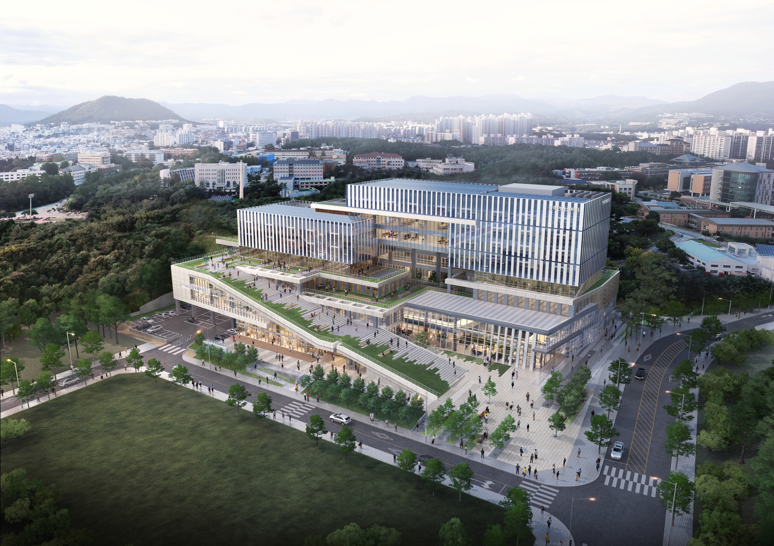 Perspective du KNU Innovation Hub, prévu pour mai prochain. L'université du Kangwon est la première université nationale de Corée à avoir été sélectionnée pour un projet gouvernemental de création de parcs d'innovation sur les campus, visant à transformer les terrains inutilisés des universités en complexes industriels urbains de pointe. © Centre d’innovation technologique de l'université nationale du Kangwon