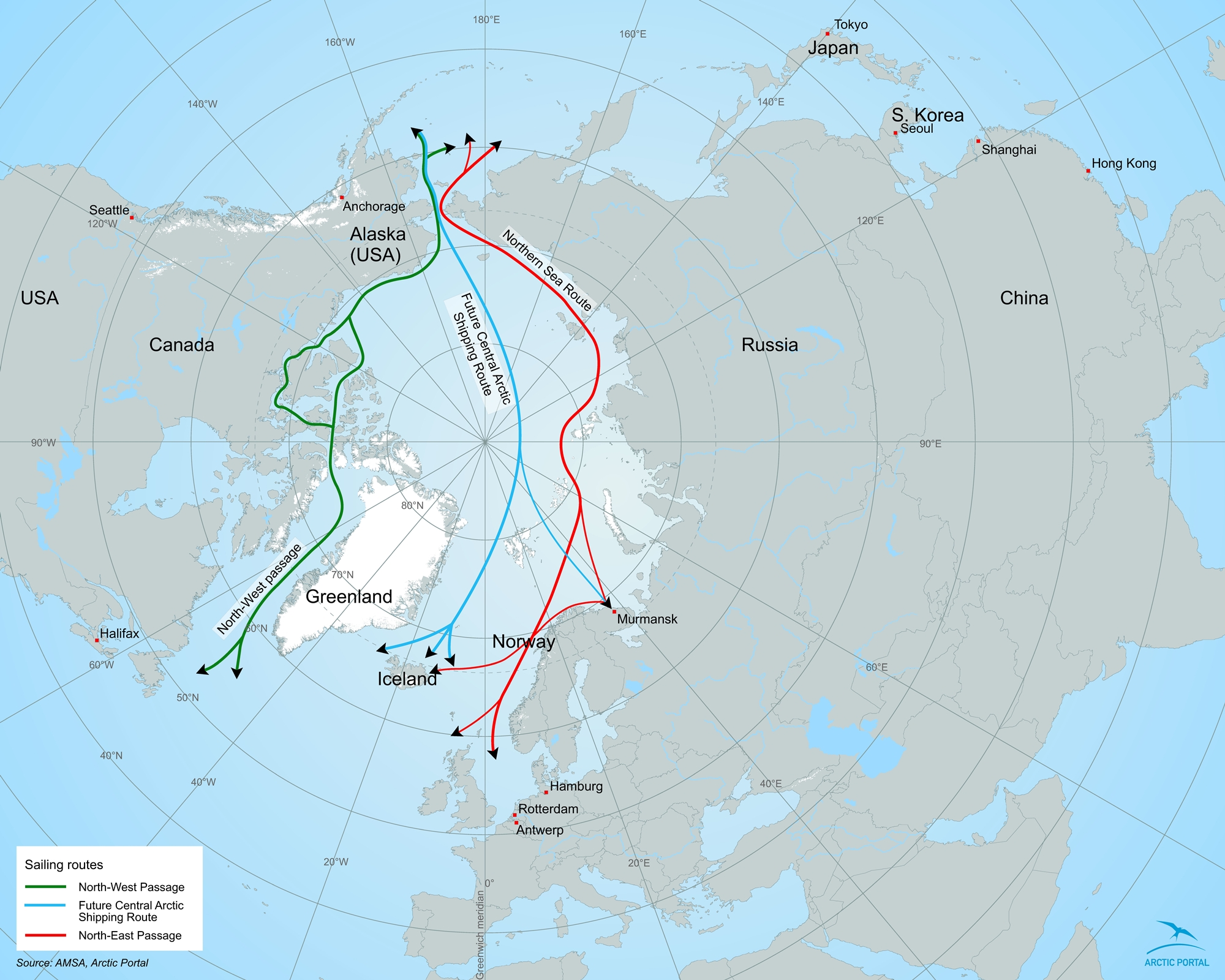 Carte des routes maritimes arctiques. La Route maritime du Nord, en rouge, permet au voyage Busan-Rotterdam d’être effectué en 30 jours (13 000 km), contre 40 jours (20 000 km). © Arctic Portal  
