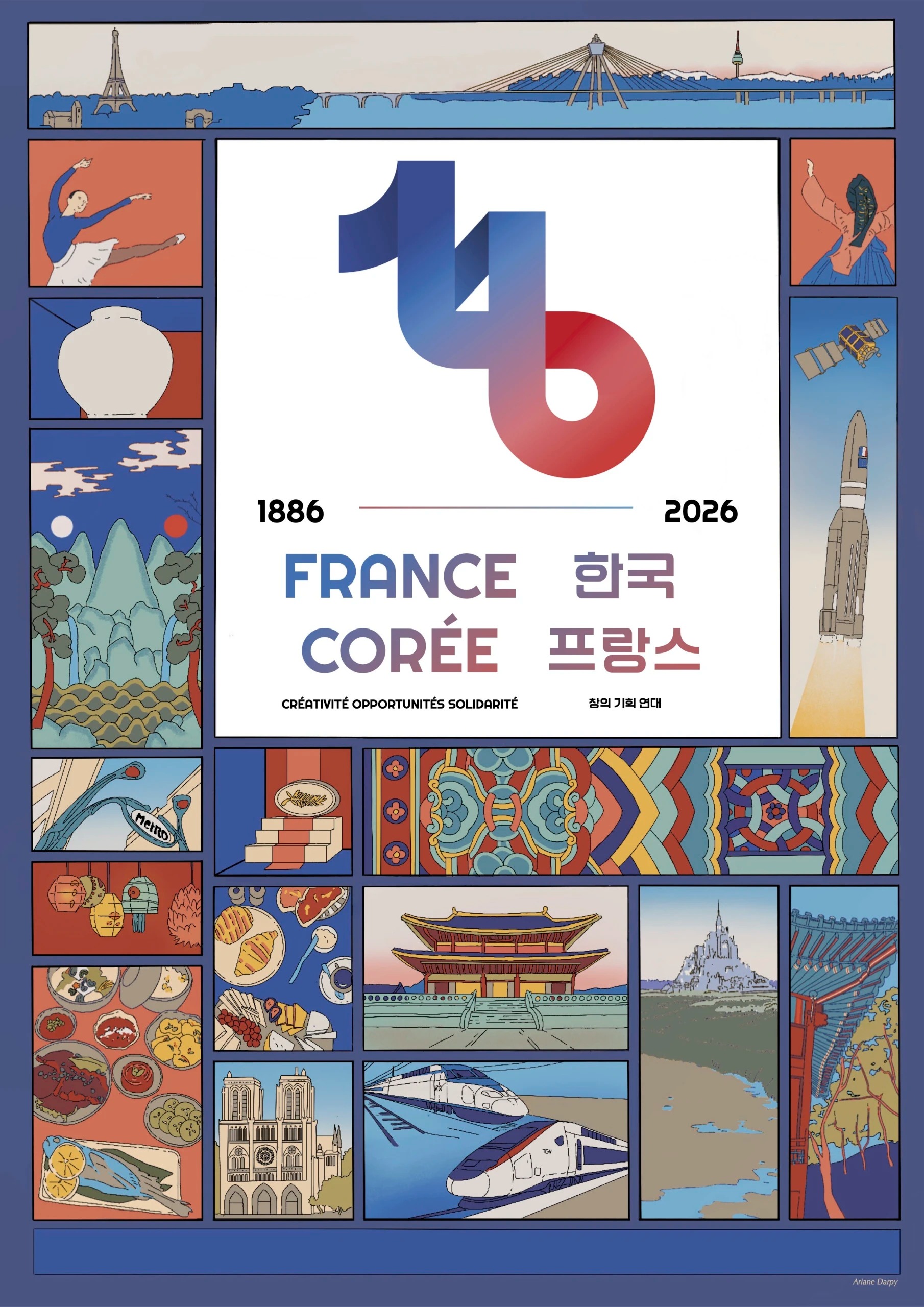 L’affiche des 140 ans des relations diplomatiques franco-coréennes s’inspire du « chaekgeori », un art pictural coréen traditionnel fondé sur la mise en scène d’objets symboliques. © Ambassade de France en République de Corée