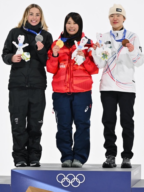 Yu Seungeun (à droite), avec la Japonaise Kokomo Murase et la Néo-Zélandaise Zoi Sadowski Synnott sur le podium de snowboard big air aux Jeux olympiques d'hiver de 2026, à Livigno, en Italie, le 9 février 2026. © Compte Instagram de FIS Park & Pipe World Cup