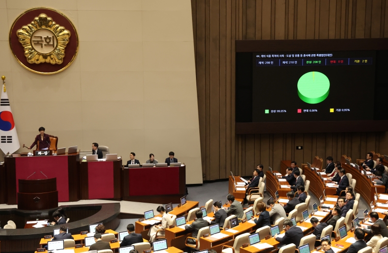 L&rsquo;Assembl&eacute;e nationale adopte la loi sp&eacute;ciale relative &agrave; la fin de l&rsquo;&eacute;levage, de l&rsquo;abattage et de la distribution de chiens destin&eacute;s &agrave; la consommation, le 9 janvier 2024. &copy; Agence de presse Yonhap