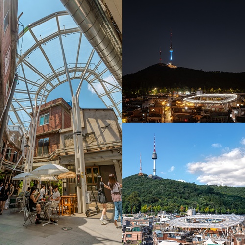 &Agrave; gauche, le march&eacute; couvert de Sinheung. &Agrave; droite, le march&eacute; et la tour N Seoul Tower, de jour et de nuit. &copy; Urban Idea Agency
