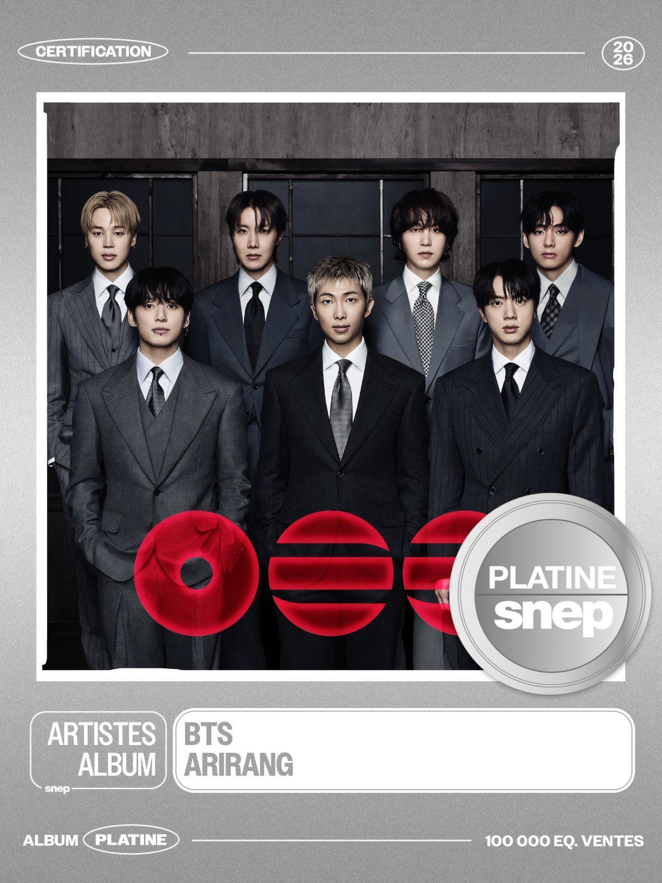 Le cinqui&egrave;me album du groupe BTS, &laquo; Arirang &raquo;, a &eacute;t&eacute; certifi&eacute; disque de platine par le Syndicat national de l'&eacute;dition phonographique. &copy; Syndicat national de l'&eacute;dition phonographique
