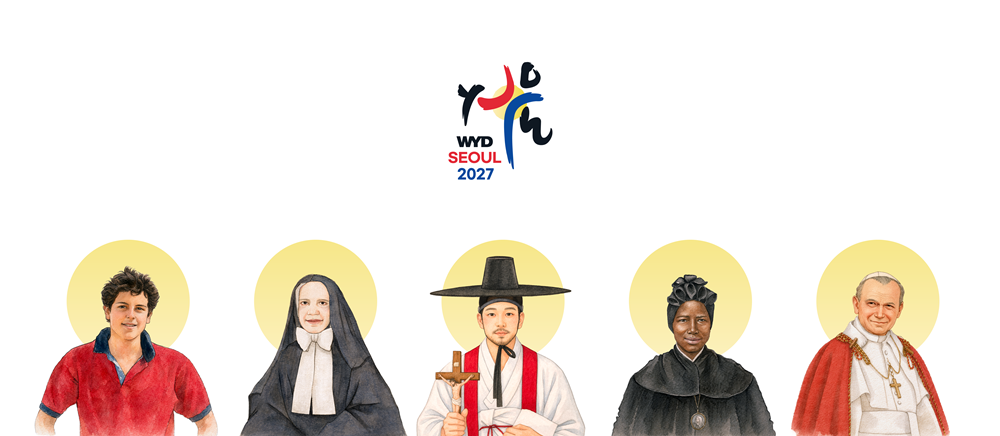 Les cinq saints patrons des prochaines Journées mondiales de la jeunesse 2027, organisées à Séoul. De gauche à droite : Carlo Acutis, Françoise-Xavière Cabrini, André Kim Taegon, Joséphine Bakhita et Jean-Paul II. © Comité d'organisation des JMJ de Séoul 2027