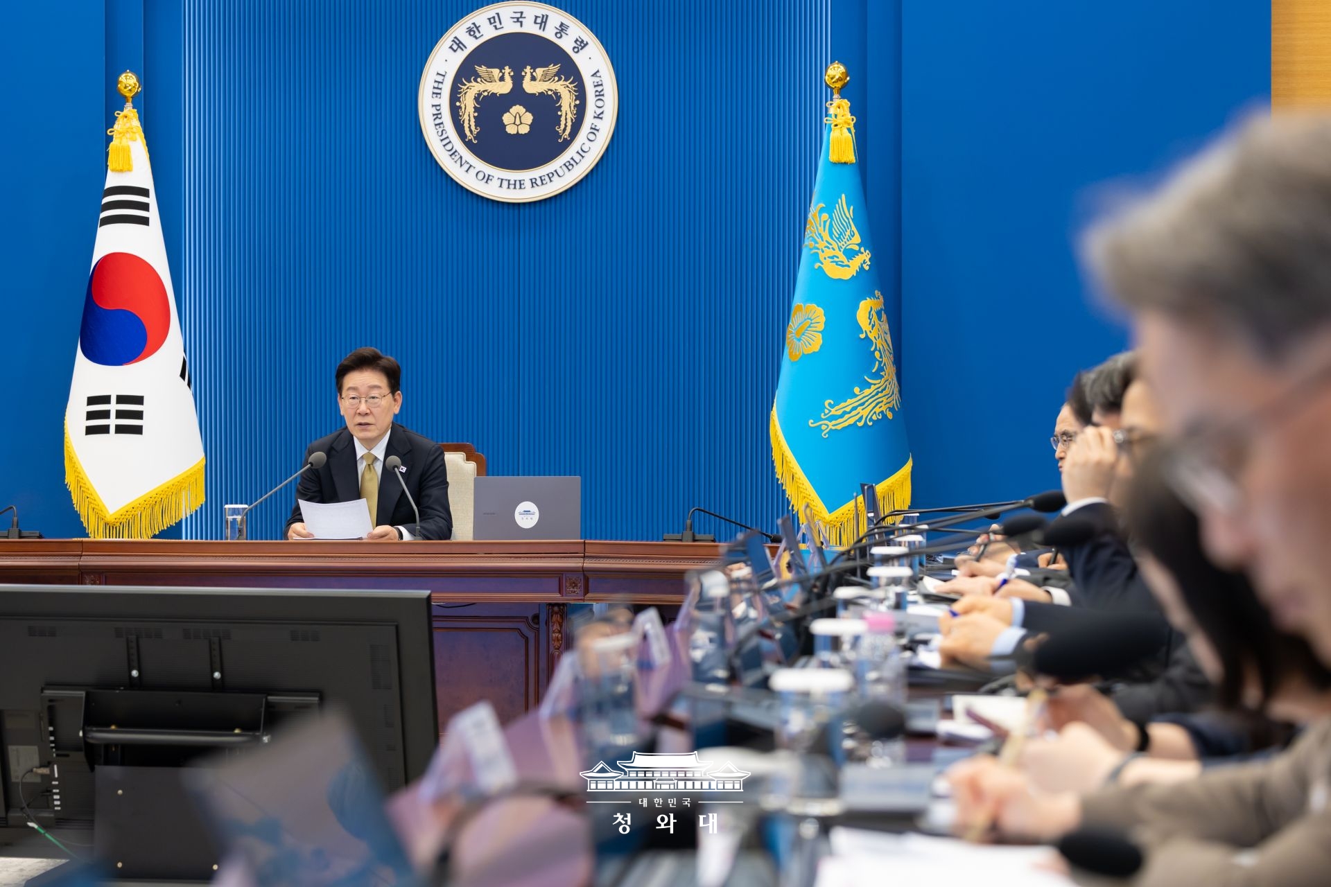 Le président Lee Jae Myung s’exprime lors d’une réunion au complexe présidentiel de Cheong Wa Dae, à Séoul, le 14 mai 2026. © Cheong Wa Dae