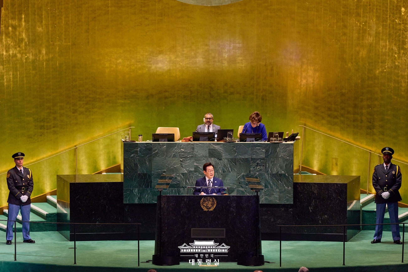 Le président Lee Jae Myung durant son discours devant la 80e Assemblée générale de l’ONU, à New York, le 23 septembre 2025. © Cheong Wa Dae