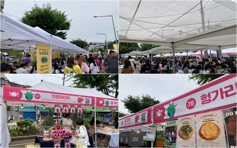 Les stands de diff&eacute;rents pays au Nurimasil, dont celui de la Croatie, en bas &agrave; gauche, qui vendait des confitures traditionnelles, ou de la Hongrie, en bas &agrave; droite. &copy; Jeong Euiseok / Korea.net