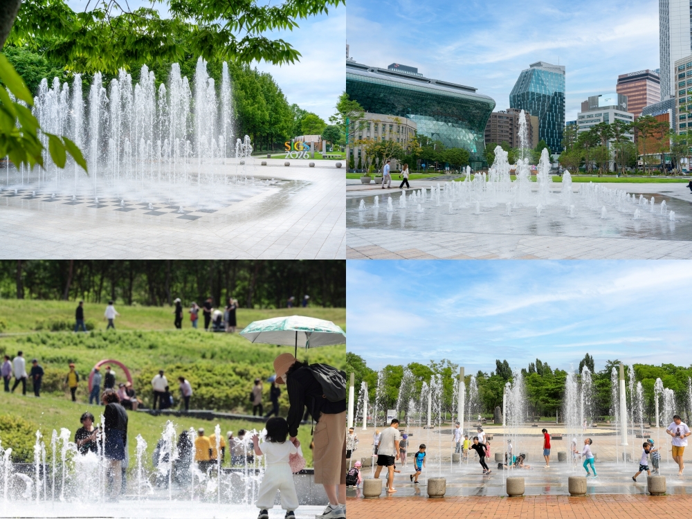 Dans le sens des aiguilles d&rsquo;une montre : Seoul Forest (Seongdong-gu), Seoul Plaza (Jung-gu), World Cup Park (Mapo-gu) et Buramsan Healing Town (Nowon-gu). &copy; Ville de S&eacute;oul