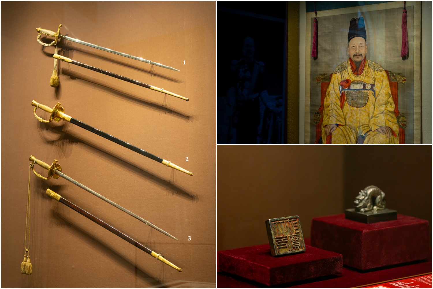 De gauche à droite : des épées cérémonie pour tenue occidentale, le portrait du roi Gojong et le sceau royal. © Musée national de Corée