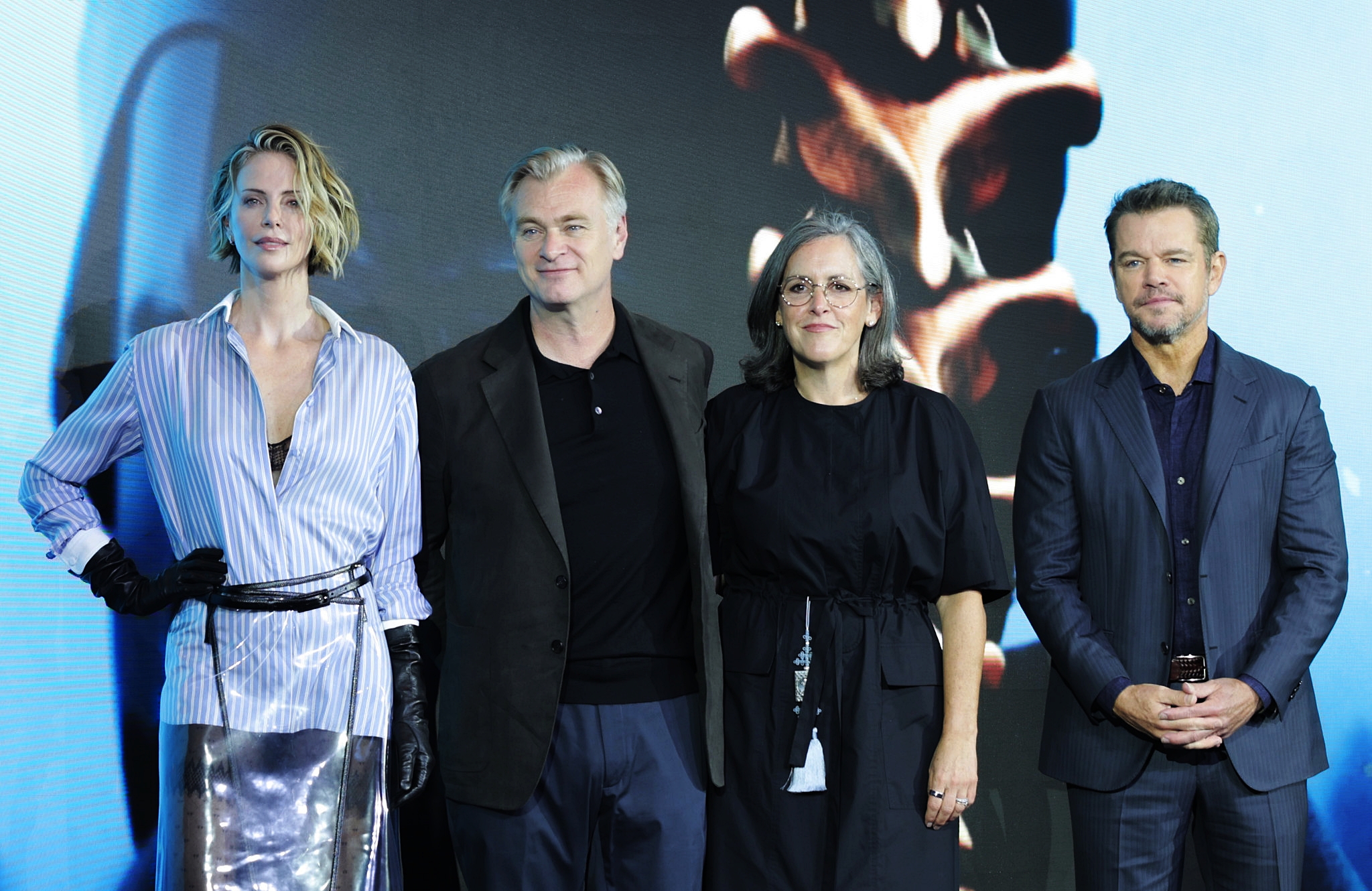De gauche &agrave; droite : Charlize Theron, Christopher Nolan, Emma Thomas et Matt Damon lors d&rsquo;une conf&eacute;rence de presse &agrave; S&eacute;oul, le 3 ao&ucirc;t 2026. &copy; Park Dae-jin / Korea.net