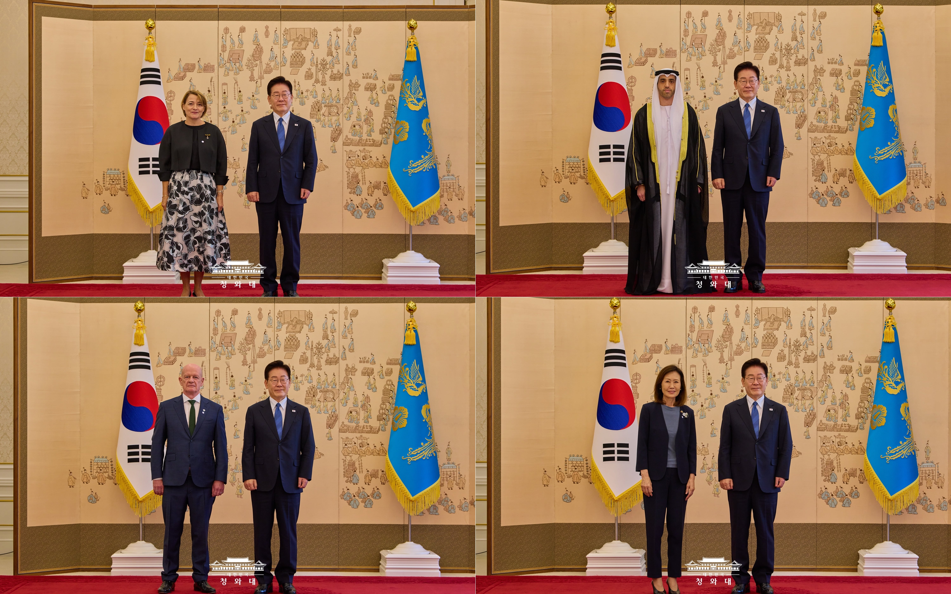 De gauche à droite : l’ambassadeur portugais Vanda Maria Dias Stelzer Sequeira, l’ambassadeur émirien Jamal Abdulla Mohamed Bin Abdulwahab Al Suwaidi, l’ambassadrice américaine Michelle Steel et l’ambassadeur irlandais Seán Hoy. © Cheong Wa Dae