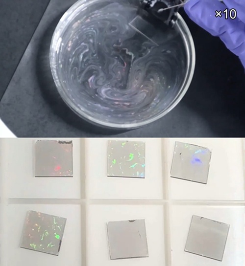 Processus d’auto-assemblage de particules de quelques centaines de nanomètres à la surface de l’eau pour former des nanostructures (en haut), et exemples de différentes nanostructures ainsi créées (en bas). © KAIST