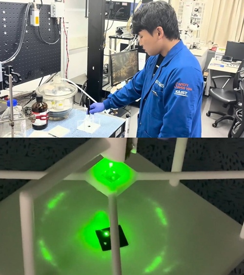 Vue du diagramme de diffraction d’une nano-empreinte vérifiée à l’aide d’un laser vert (en haut). Diagramme de diffraction unique apparaissant lorsqu’elle est éclairée par un laser vert (en bas). © KAIST