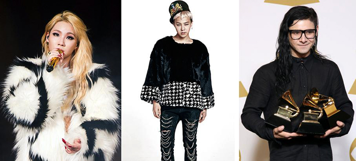 왼쪽부터) 2NE1의 씨엘, 빅뱅의 지드래곤은 스크릴렉스 (오른쪽)의 새 앨범의 트랙 가운데 "Dirty Vibe" 작업을 함께 했다. (사진 좌, 가운데: YG 엔터테인먼트, 우: 연합뉴스)