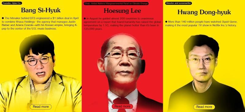 Les trois Coréens figurant dans le Bloomberg 50 de cette année sont Bang Si-hyuk (à gauche), fondateur et directeur de l'agence de gestion de BTS Hybe, Lee Hoe-sung, président du Groupe d'experts intergouvernemental sur l'évolution du climat, et Hwang Dong-hyuk, créateur et réalisateur de la série Netflix « Squid Game ». (photo Capture d'écran du site Web Bloomberg)