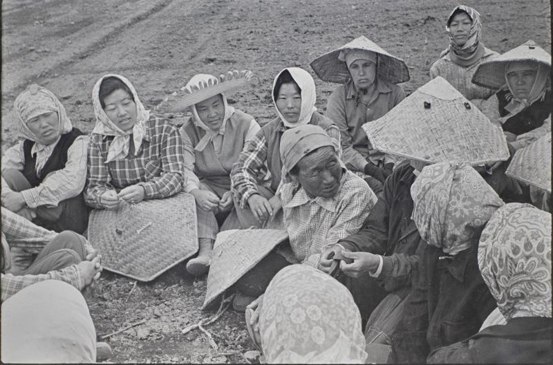 Un groupe d'ouvriers agricoles fait une pause au printemps dans la ferme collective Svedlov, dans la province ouzbèke de Tachkent, sur une photo prise en 1980. © Musée national folklorique de Corée