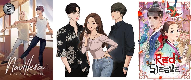 De gauche à droite, les webtoons « Navillera: Like a Butterfly », « True Beauty » et « The Red Sleeve »